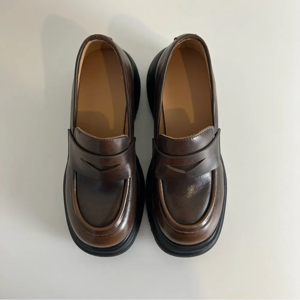 Dwarves Chunky Cowhide Penny Loafers Platform Lug Sole Slip On Preppy‎ Shoes 5